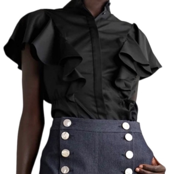 Adam LIPPES Ruffled cotton-poplin short sleeve button down blouse top size 12 - Picture 6 of 16